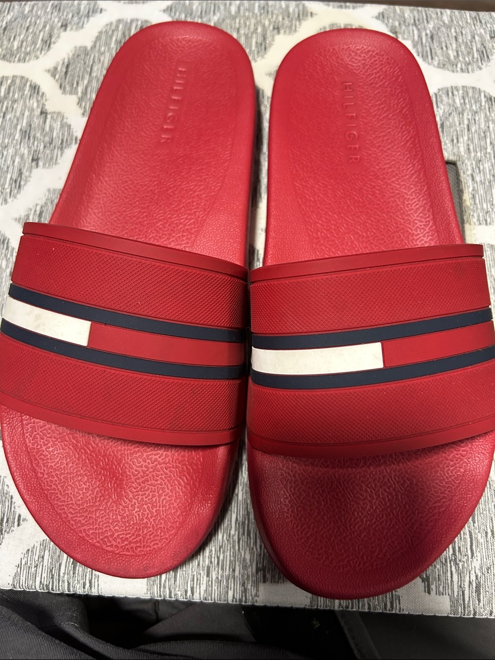 Tommy Hilfiger Red Slide Sandals with Navy and White Stripes